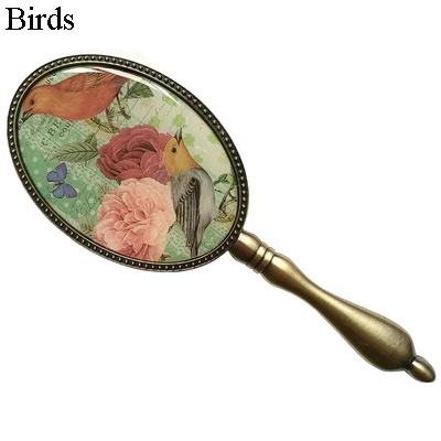 birds Винтажная античная латунь пластина Овальный цинковый сплав обрамленное стекло ручной зеркало с рыбой Seashell эпоксидный Декор сзади - Цвет: birds