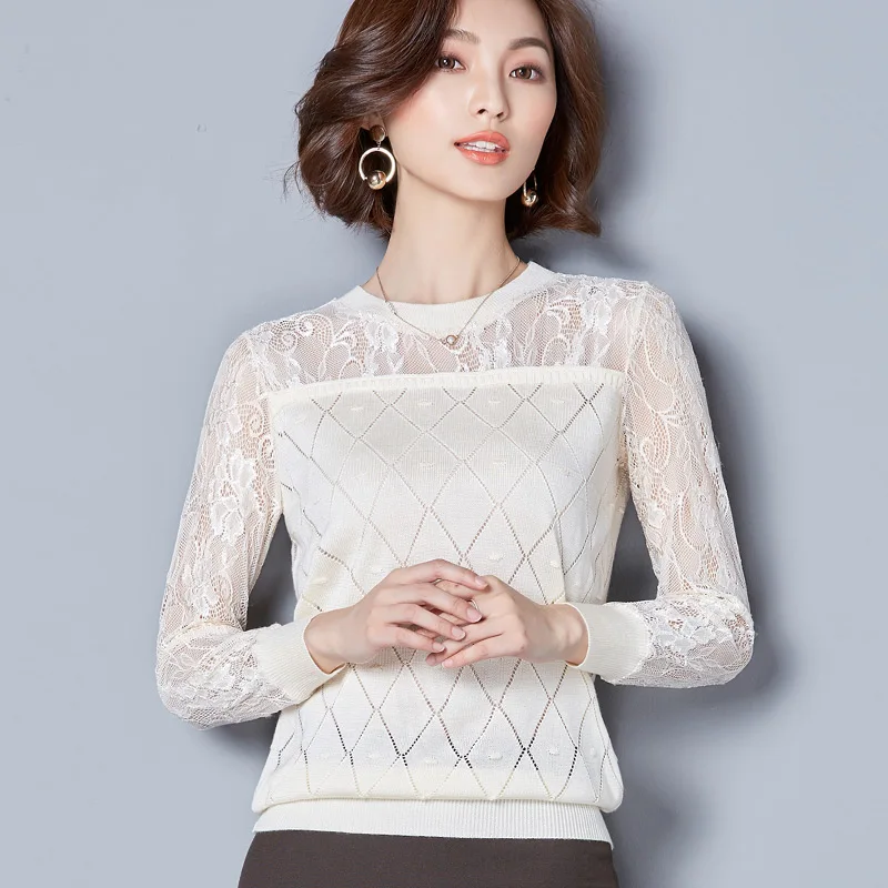 Women Sweater 2017 New Fashion Casual Spring Autumn Patchwork Lace Office Pullover Slim Knitted Sweaters Gray/Black/Wine A945 | Женская