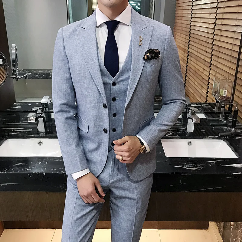 

Formal Wear Wedding Dress Suits High Quality Men Stretch Slim Suits Blazer Jackets+Pants+Vest Men Light Blue Casual Suits