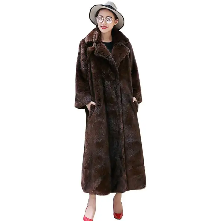 Autumn faux mink leather jacket womens coats winter thicken warm fur leather long trench coat women slim jackets fashion brown