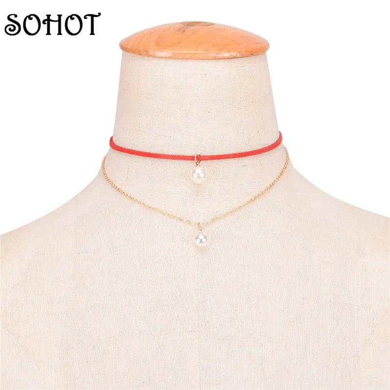 SOHOT многослойное ожерелье-чокер с жемчужной подвеской кожаная цепочка модные