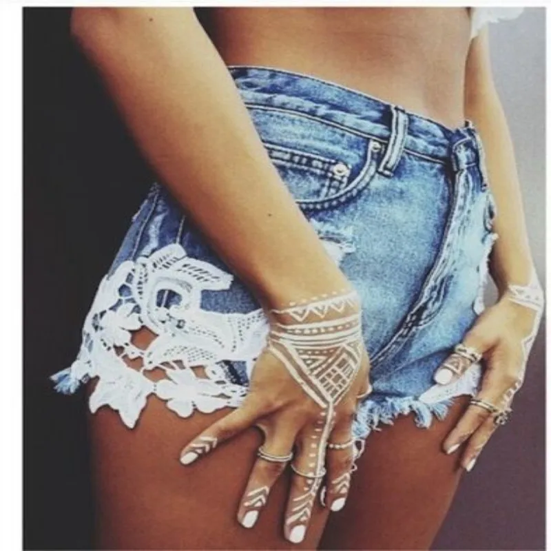 

NORMOV Blue Lace Denim Shorts For Women Summer Female High Waist Zipper Fly Appliques Slim Casual Hole Jeans Shorts