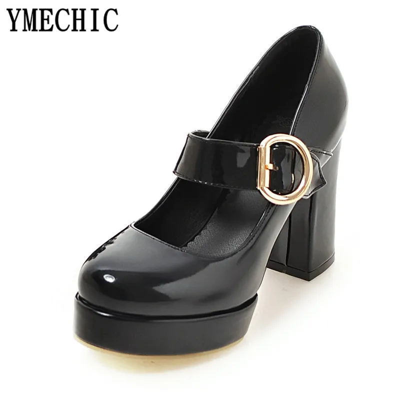 YMECHIC/; женские туфли-лодочки из искусственной лакированной кожи; Туфли Мэри Джейн на высоком массивном каблуке с пряжкой; женская повседневная обувь для офиса и вечеринок; большие размеры 34-47 - Цвет: Черный