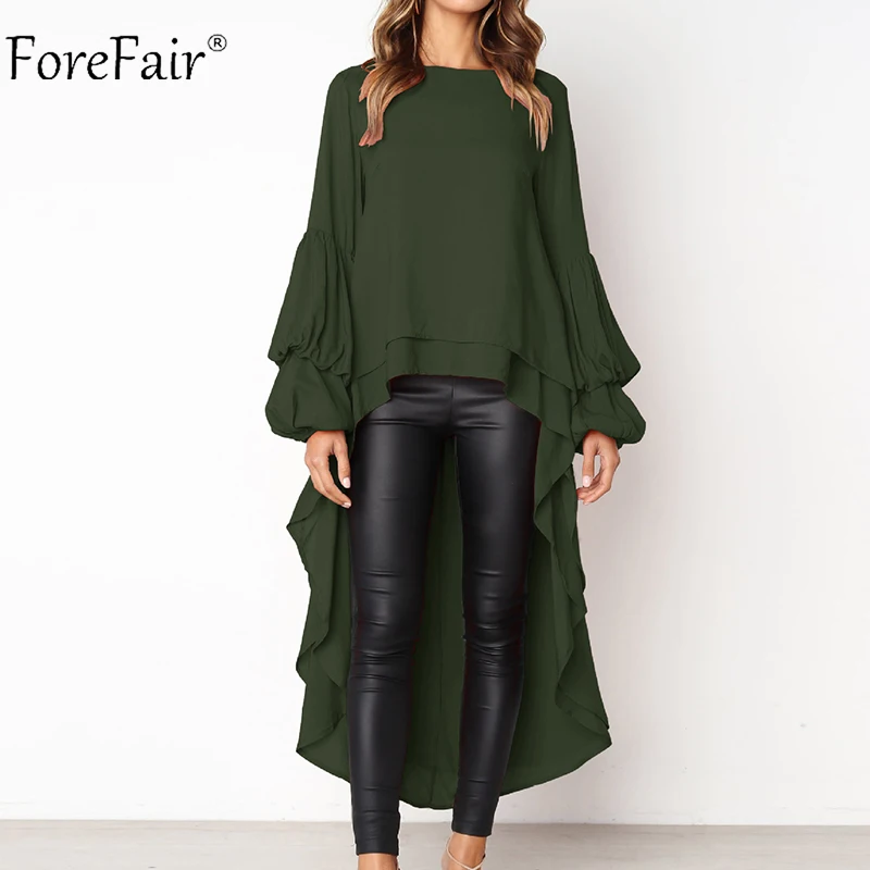 Army Green Forefair, свободная женская блузка с длинным рукавом и оборками, осень, шифоновая Повседневная рубашка с рукавом-фонариком размера плюс, женская блузка s - Цвет: Army Green