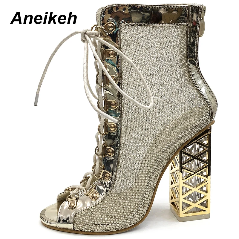 

Aneikeh 2020 New Summer Sandal Sexy Golden Bling Gladiator Sandals Women Pumps Shoes Lace-Up High Heels Sandals Boots Gold 42 43