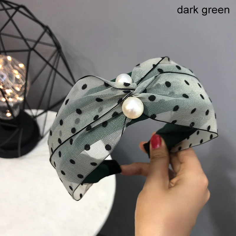 dark green Милые жемчужные сетчатые повязки для волос в горошек для женщин, широкая боковая однотонная расцветка, завязанная головная повязка для девочек, жемчужный головной убор, женский головной Убор - Цвет: dark green