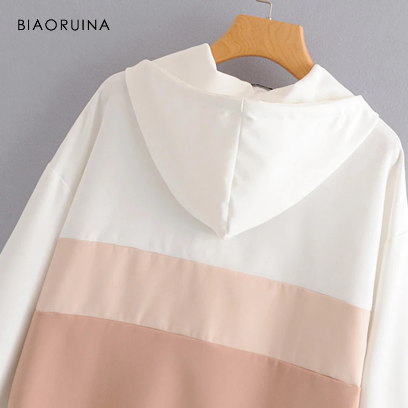 

BIAORUINA Women's Casual Contrast Colors Hooded Jacket Coat Zipper Pockets Female Fashion All-match Loose Jacket Active Wear