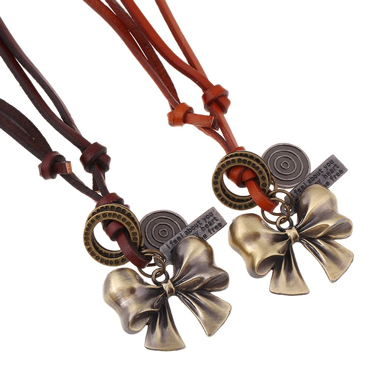 Handmade New Casual Rock Cute Bronze Circle Butterfly Pendant Brown Genuine Leather Choker Chains Men Necklace Women Jewelry | Украшения и