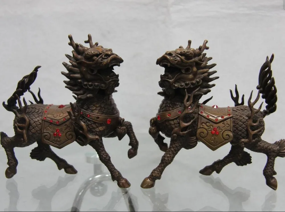 Фиолетовый медный фэн-шуй злой Foo Dogs Лев Дракон Кирин Килин Статуя Пара | Дом и сад
