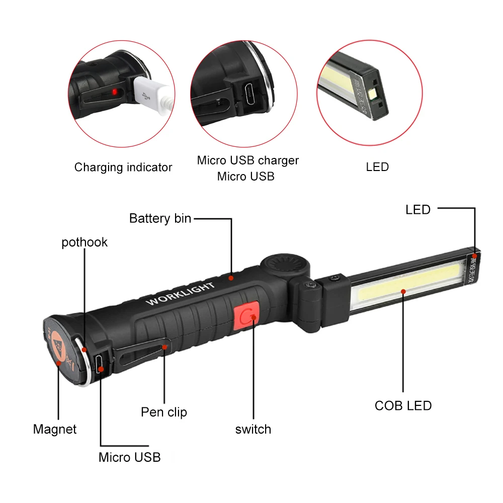 COB + светодиодный портативный фонарик с USB светильник фонарь магнитный