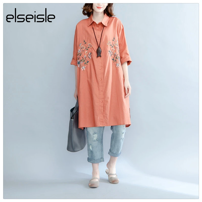 Elseisle Цветочная вышивка блузка рубашка 2017 Осенняя льняная хлопковая Повседневная