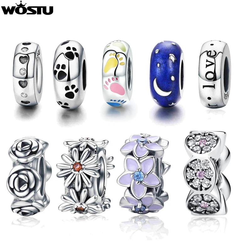 WOSTU, настоящее 925 пробы, Серебряный 9 видов стилей, сердце и прозрачный CZ, прокладка, пробка, шарик, подходит для оригинала, wst, браслет, ювелирное изделие, DXC593