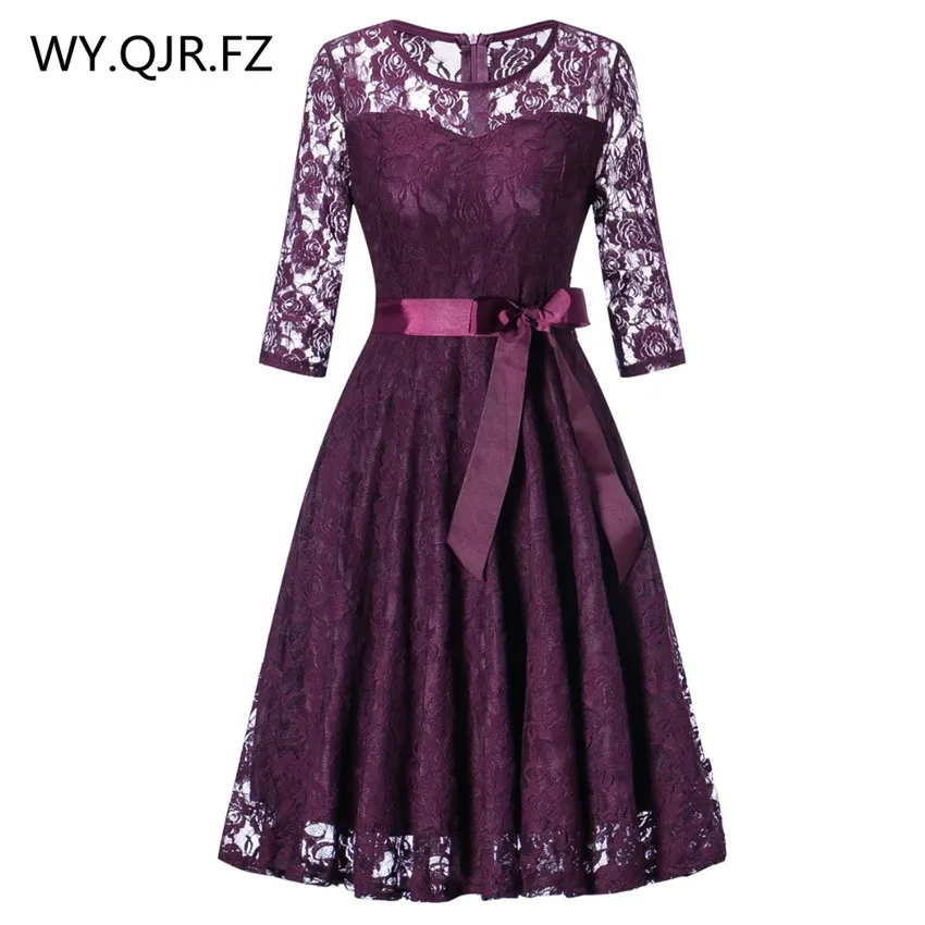 OML 516Z # короткие фиолетовые кружевные платья подружки невесты с круглым вырезом и