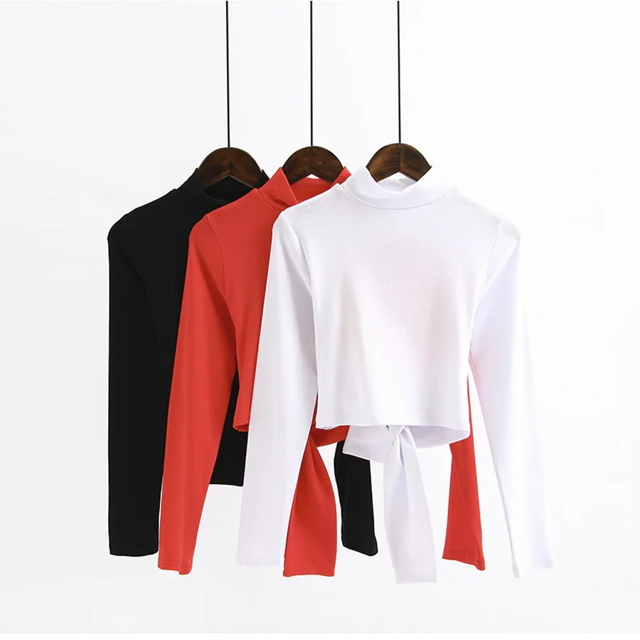 Женские короткие футболки с длинным рукавом и воротником стойкой облегающий