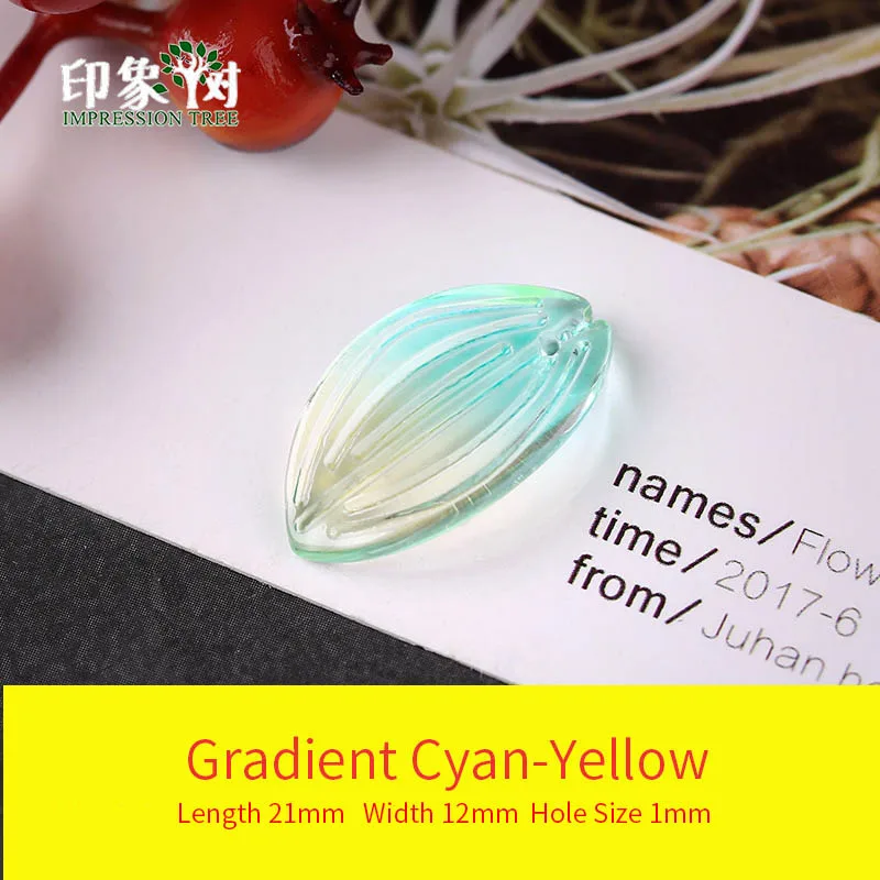 Gradient Cyan-Yellow Стеклянные бусины градиентной расцветки, 10 шт., 21х12 мм, резные шармы в сиде листьев, цветочных лепестков, украшения для самостоятельного изготовления ювелирных украшений, модель 16031 - Цвет: Gradient Cyan-Yellow