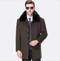 autumn winter men woolen thick overcoat blue gray velvet wool trench coat long section single breasted clothing with fur collar