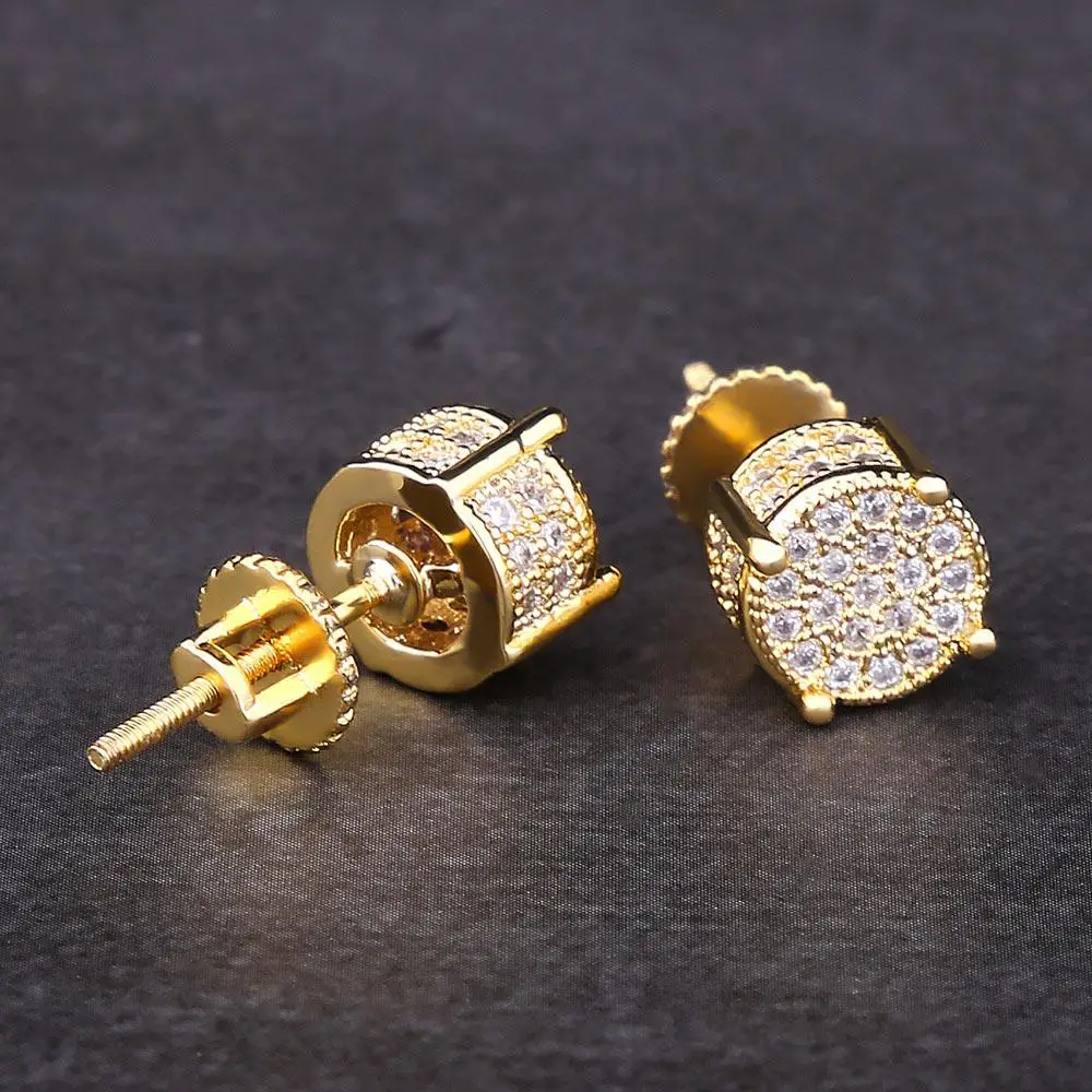 Gold Iced Out Stud Round Earrings With CZ for Men Punk Earrings Hip Hop Jewelry Streetwear Earring for Wholesale