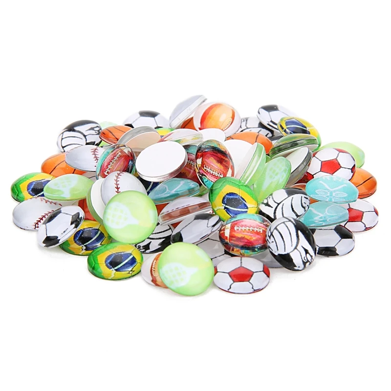 

20pcs/lot Mixed color 10/12/14/20/25mm Glass Cabochon Cameo Fit Bracelet Base Bangle Cufflink Tray Football Sport Cabochon Base
