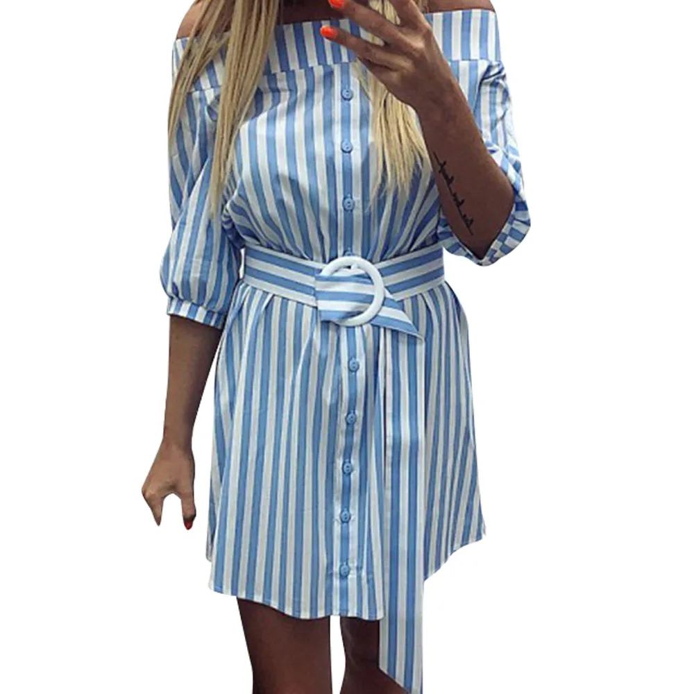 Женское летнее Полосатое платье с поясом 3/4 рукавом декольте открытыми плечами