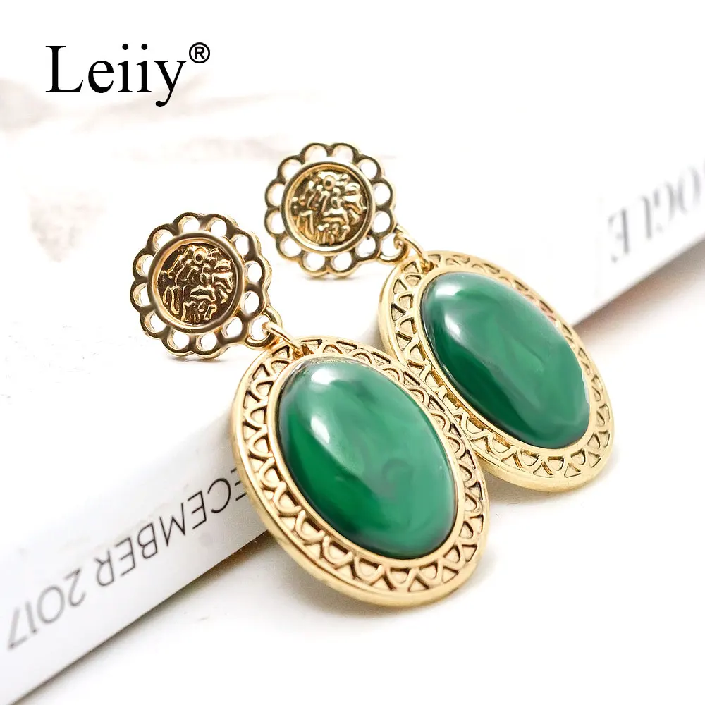 LEIIY зеленый горный хрусталь камень падение серьги для Для женщин Винтаж золото