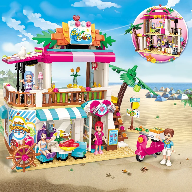 Heart Lake City Girls Series Sunshine Waterpark Beach Seafood Restaurant Building Blocks Toys For children Girl Birthday Gifts | Игрушки и