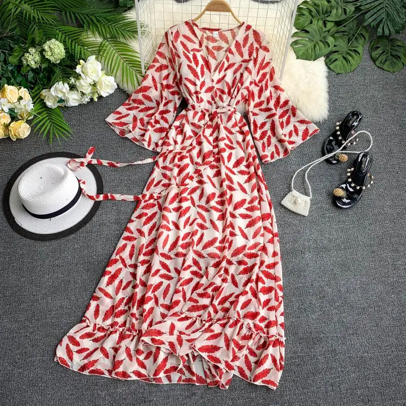 Женское пляжное платье с v-образным вырезом и Расклешенным рукавом оборками лето