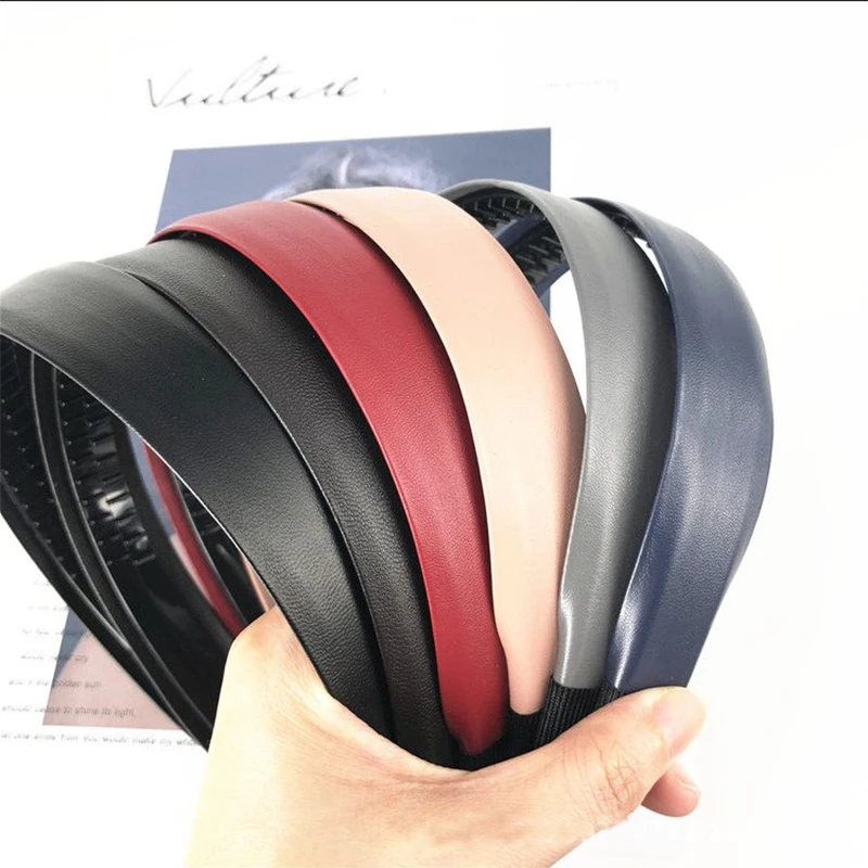 Женский ободок для волос широкий кожаный однотонный ручной работы в Корейском