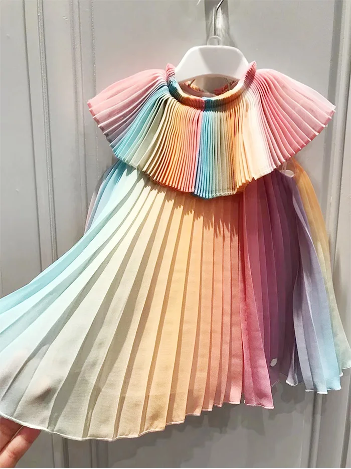 Design Rainbows Baby Girls Pleated Dresses Chiffon Fairy Party Dress Clothes Cute Maid Kids | Детская одежда и обувь