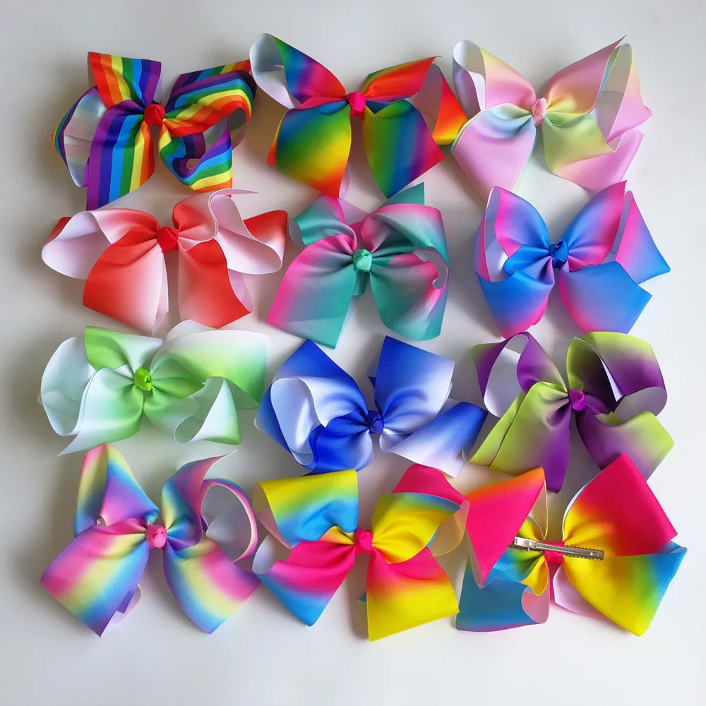 

Least 8'' grosgrain ribbon hair bows hair clips boutique rainbows bow girls hairbow For Teens Gift 12pcs/lot