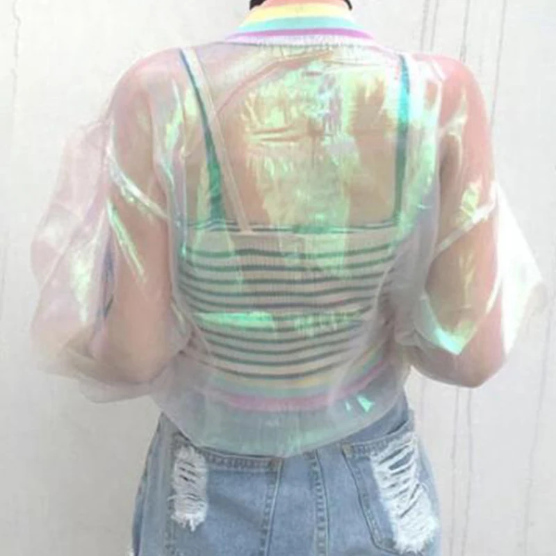 2019 Fashion Coat Women Iridescent Transparent Short Jacket Zipper Holographic Laser Rainbow Bomber Casual Tops | Женская одежда