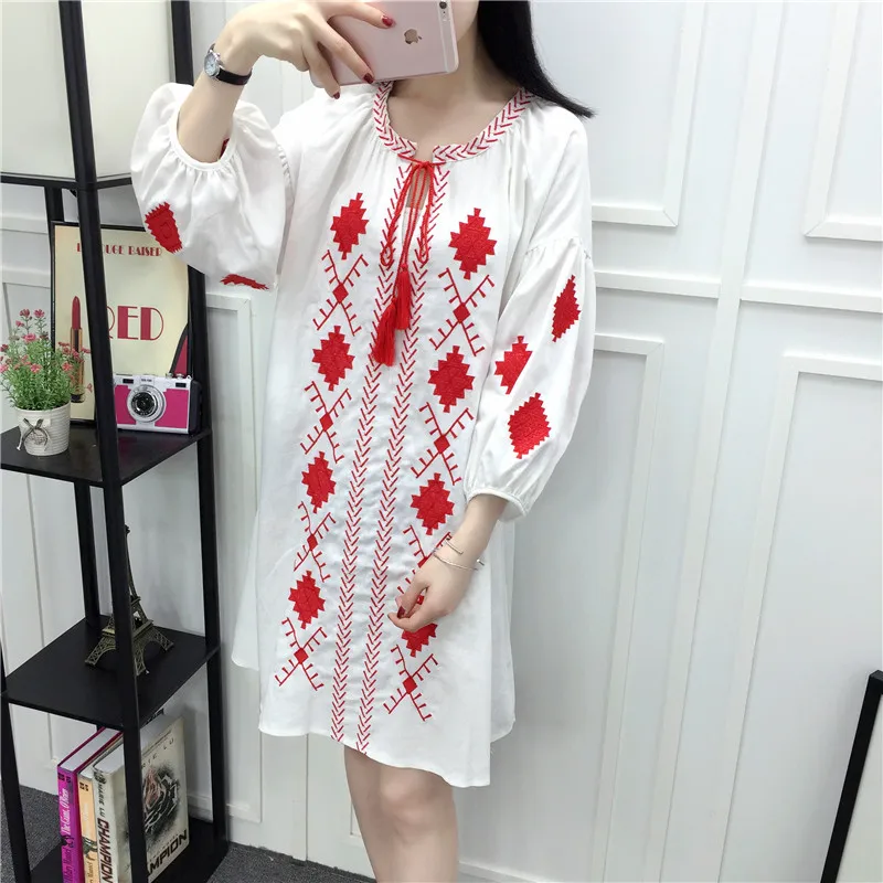 Hippic Chic Boho People Mexican Dress Women Autumn Summer Embroidery Runway White Black Blue Vintage Retro Loose Dresses | Женская