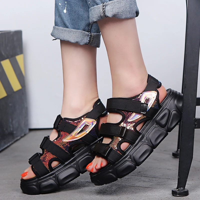 Женские сандалии сезон лето Hool &amp Loop черные пляжные женские дышащая парусиновая