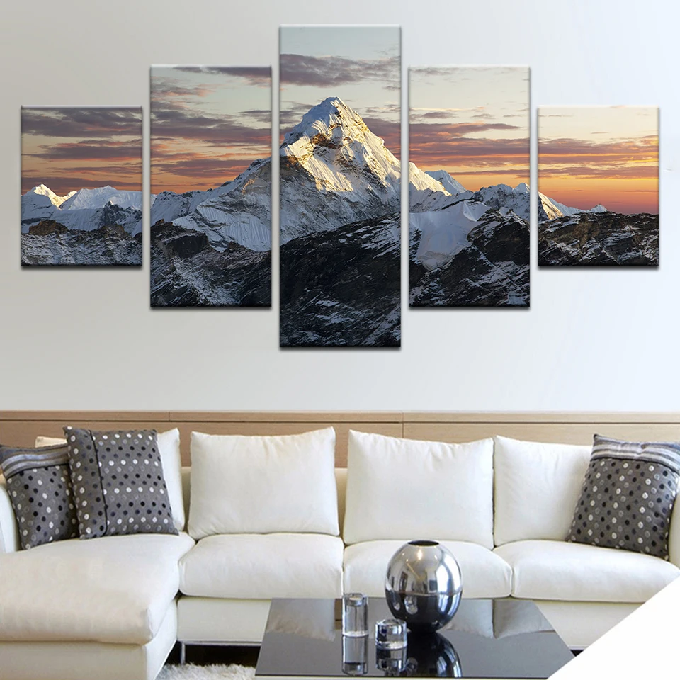 5 панель HD Печать снег горы и закат светящиеся плакаты пейзаж печать на холсте