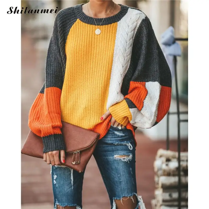 Autumn Winter Women Sweaters And Pullovers Street Style Lantern Sleeve Patchwork Jumper Fashion Loose Chunky Knit Sweaters