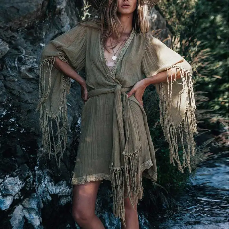 Кимоно туника топ длинная этническая с рукавами-кисточками богемная хиппи