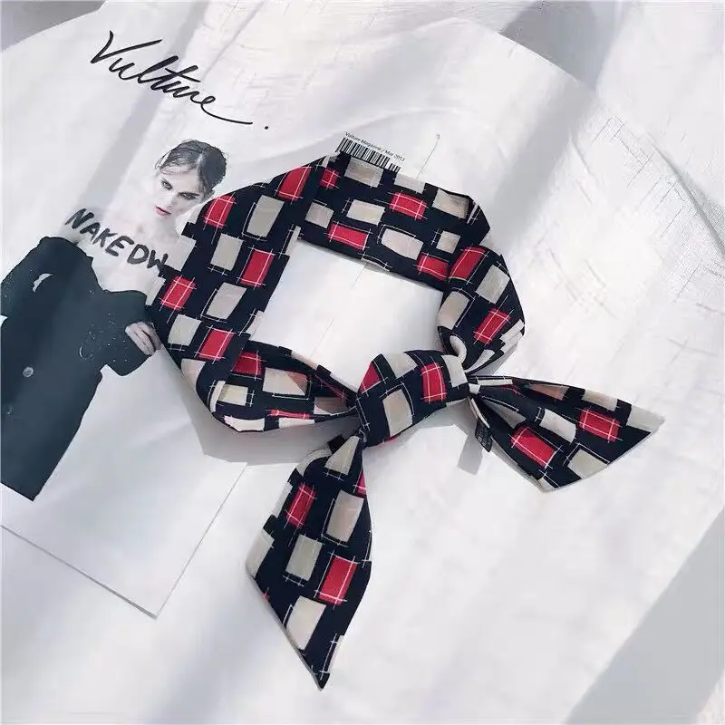 black red square Luna& Dolphin, женский длинный шарф, 86x6 см, черно-белые шифоновые шелковые шарфы, богемский клетчатый галстук, шарф, повязка на голову, сумка, лента, цветок, колье - Цвет: black red square