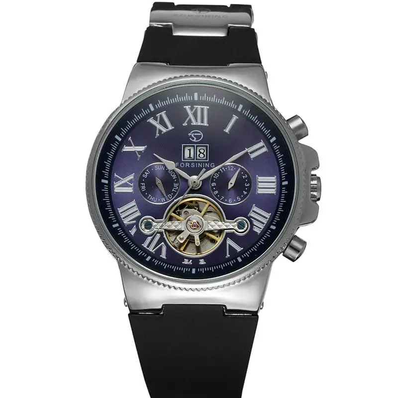 Forsining Tourbillon автоматические механические часы силиконовый ремешок чехол из розового золота римские цифры дисплей мужские часы Relogio Masculino - Цвет: Silver Blue