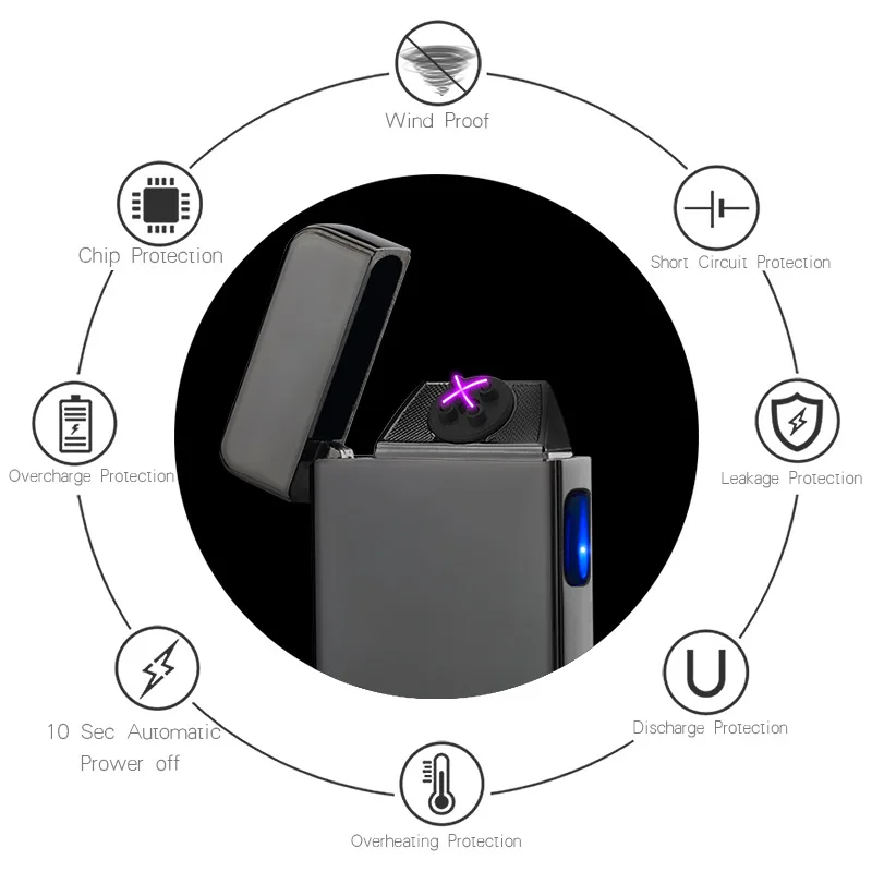 USB Recgargeable двойная дуговая плазменная Зажигалка сенсорный переключатель сигарет
