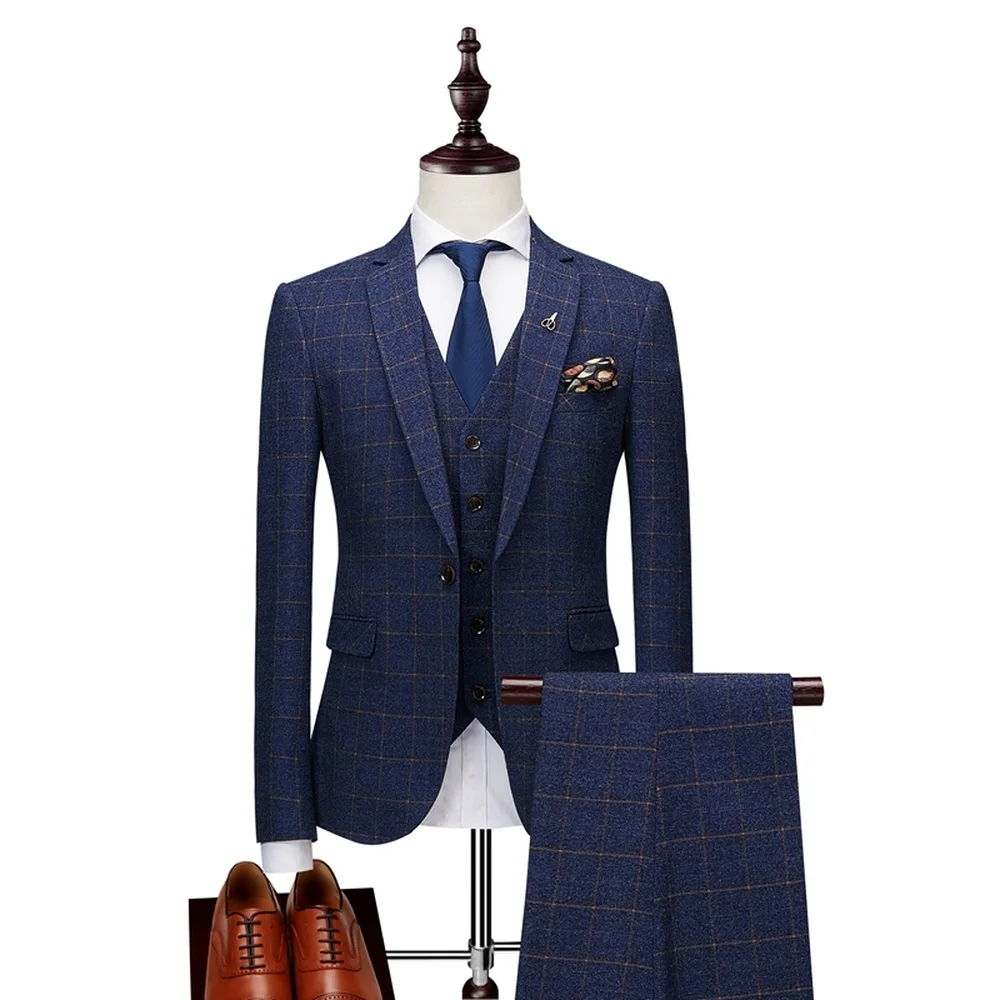 

2019 Men's Class Plaid Striped Suits Mens High Quality Tuxedos Business Suits Men Wedding Grooming Ternos Slim Fit Suits