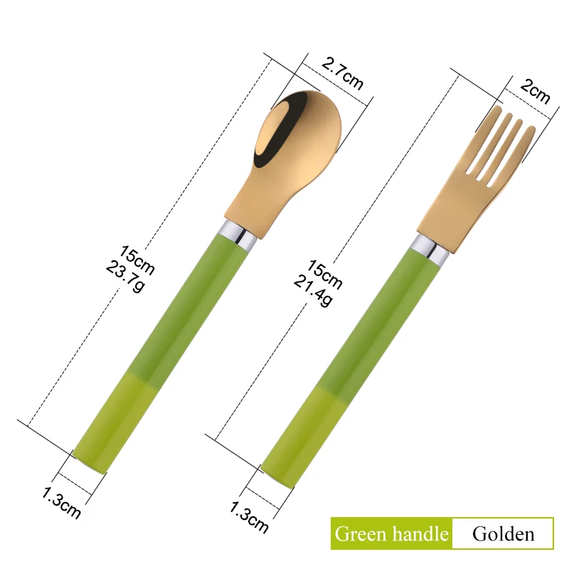 Green-golden 1 set Детский набор ложек и вилок 2 шт. детская посуда креативные портативные серебряные столовые приборы PP ложки с ручкой набор вилок Детские Обучающие инструменты - Цвет: Green-golden 1 set