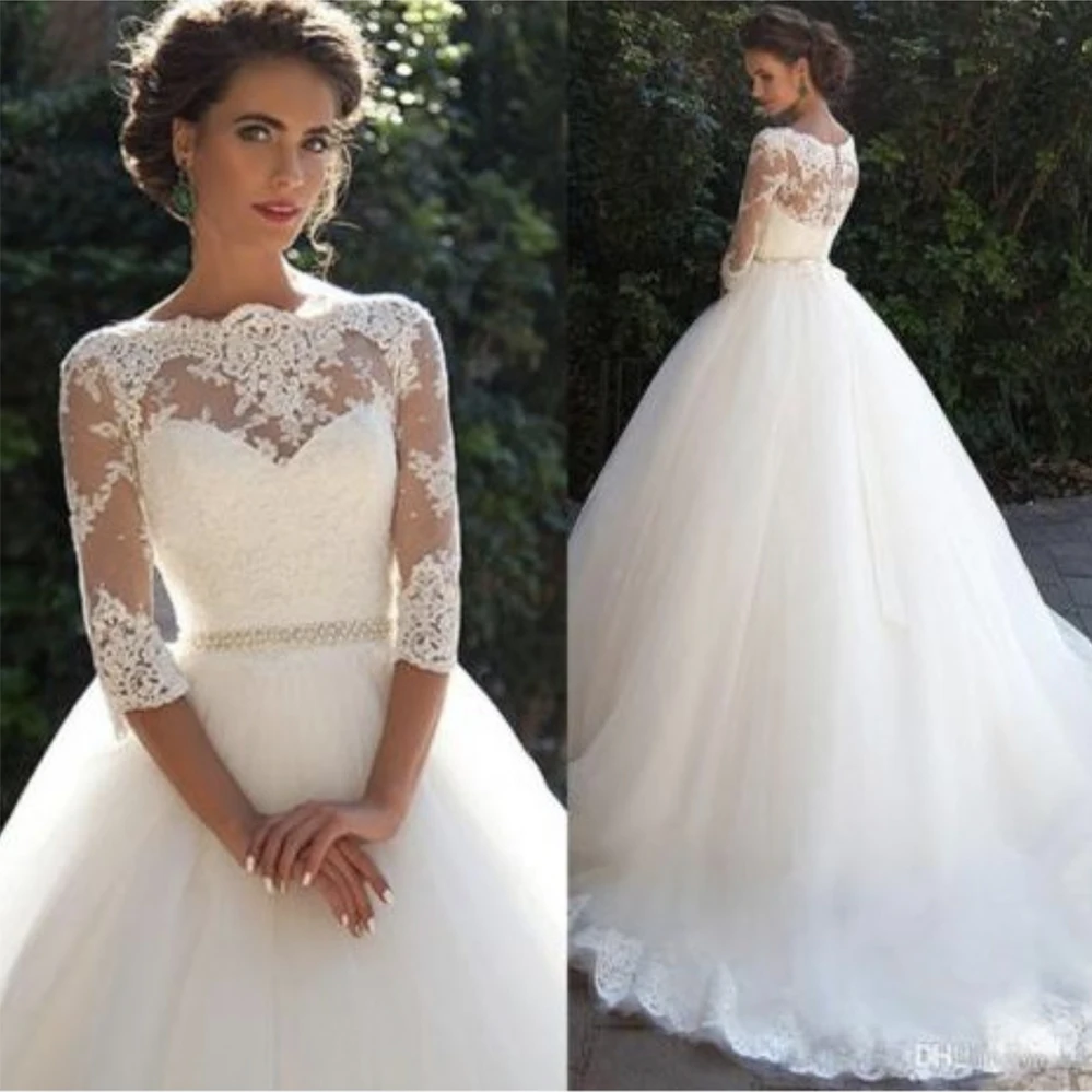 Fansmile, Vestido De Noiva, рукав три четверти, бальное свадебное платье, поезд, подгонянное, винтажное, свадебное, Тюлевое, для свадьбы, FSM-638T