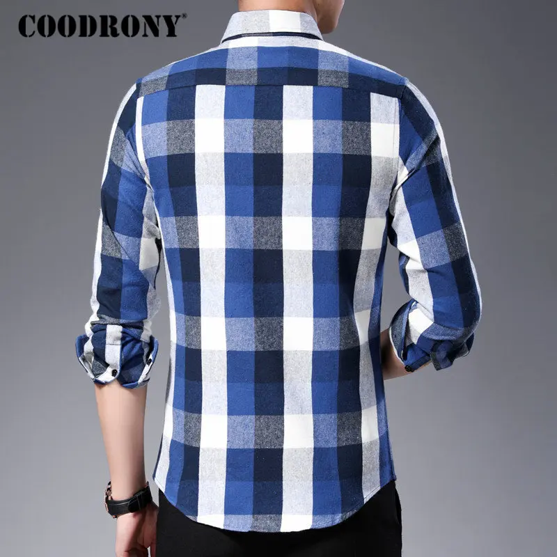 COODRONY, мужская рубашка, осенняя уличная одежда, повседневные рубашки, модная клетчатая рубашка, Мужская мягкая хлопковая рубашка с длинным рукавом, Camisa Masculina, с карманом, 96055