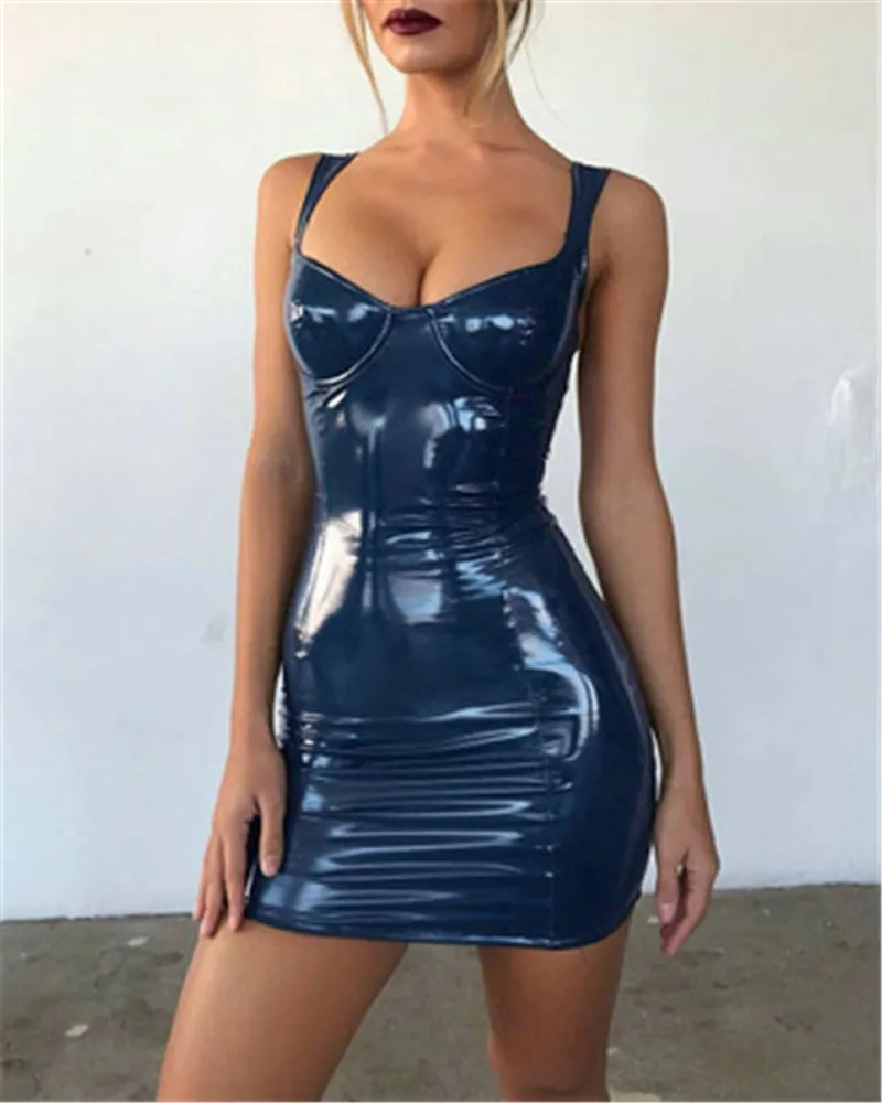 S M L XL New Fashion Women Leather Latex Sleeveless Dress Bodycon Sling Chest Wrap Robe Package Hip V-neck Strap | Тематическая