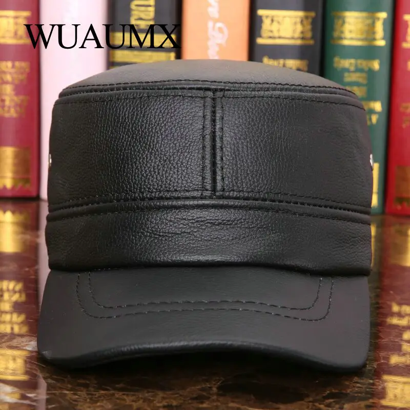 Wuaumx телячья кожа военной Шапки Для мужчин зима теплая Earflap натуральной воловьей кожи шляпа коровьей потолок наушники плоским Бейсбол Кепки шапка мужская зимняя шапка зимняя женская черная кепка мужская кепка
