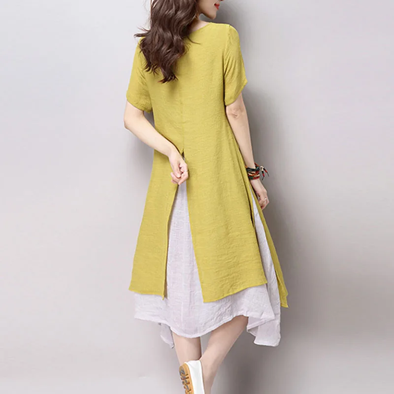Хлопковое и льняное платье с короткими рукавами большого размера | Женская