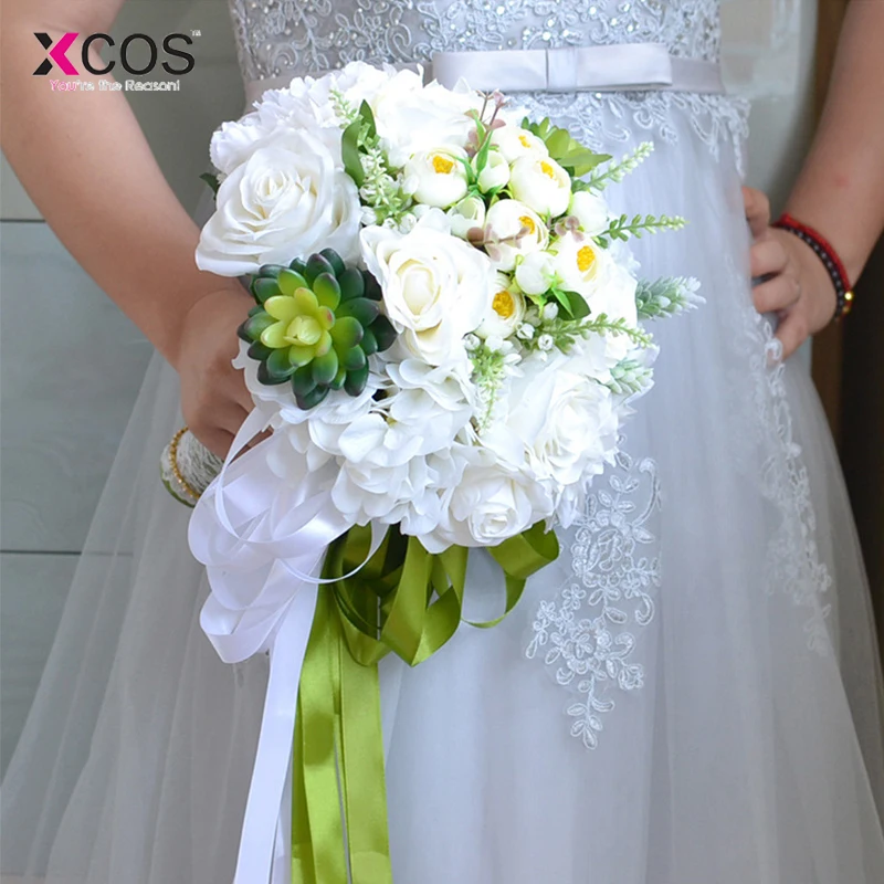 2018 Romantic White Wedding Flowers Bridal Bouquet Rose Succulents Lace Handle Artificial Bride Bouquets | Свадьбы и торжества