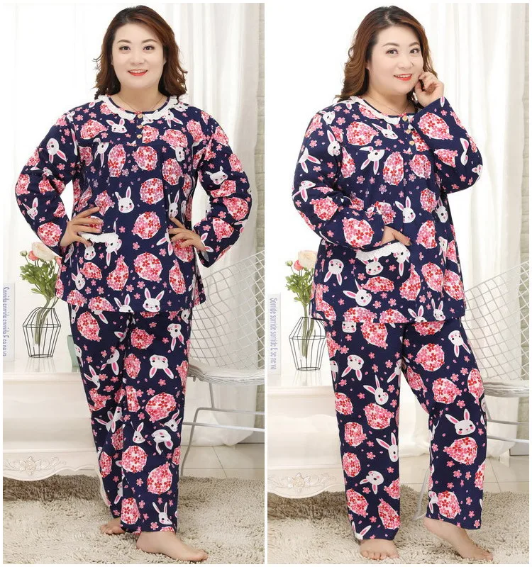 Большие размеры 130 кг XXXXXL, пижамные комплекты с изображением милого вишневого кролика, женские летние пижамы из хлопка с длинными рукавами, брюки, женская одежда для сна