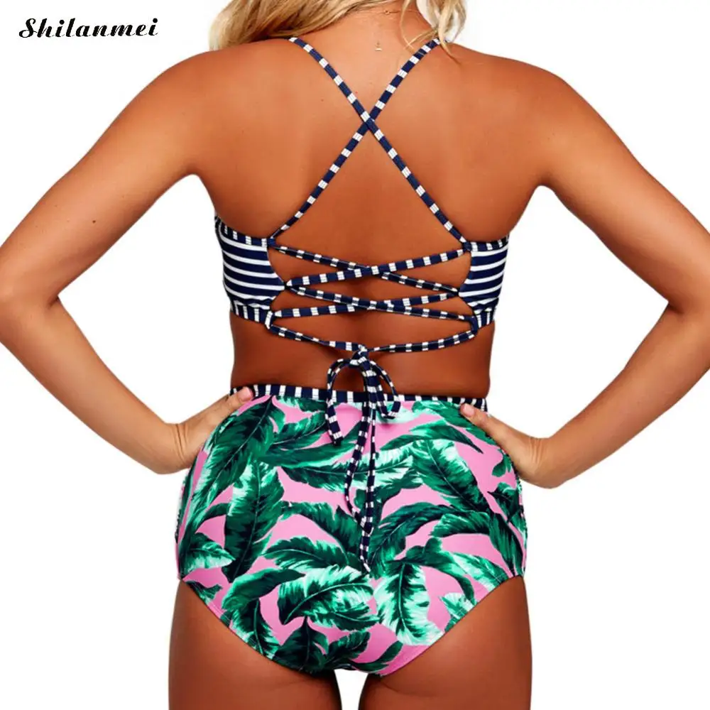 Высокая талия двух частей купальники с принтом в полоску Для женщин купальные