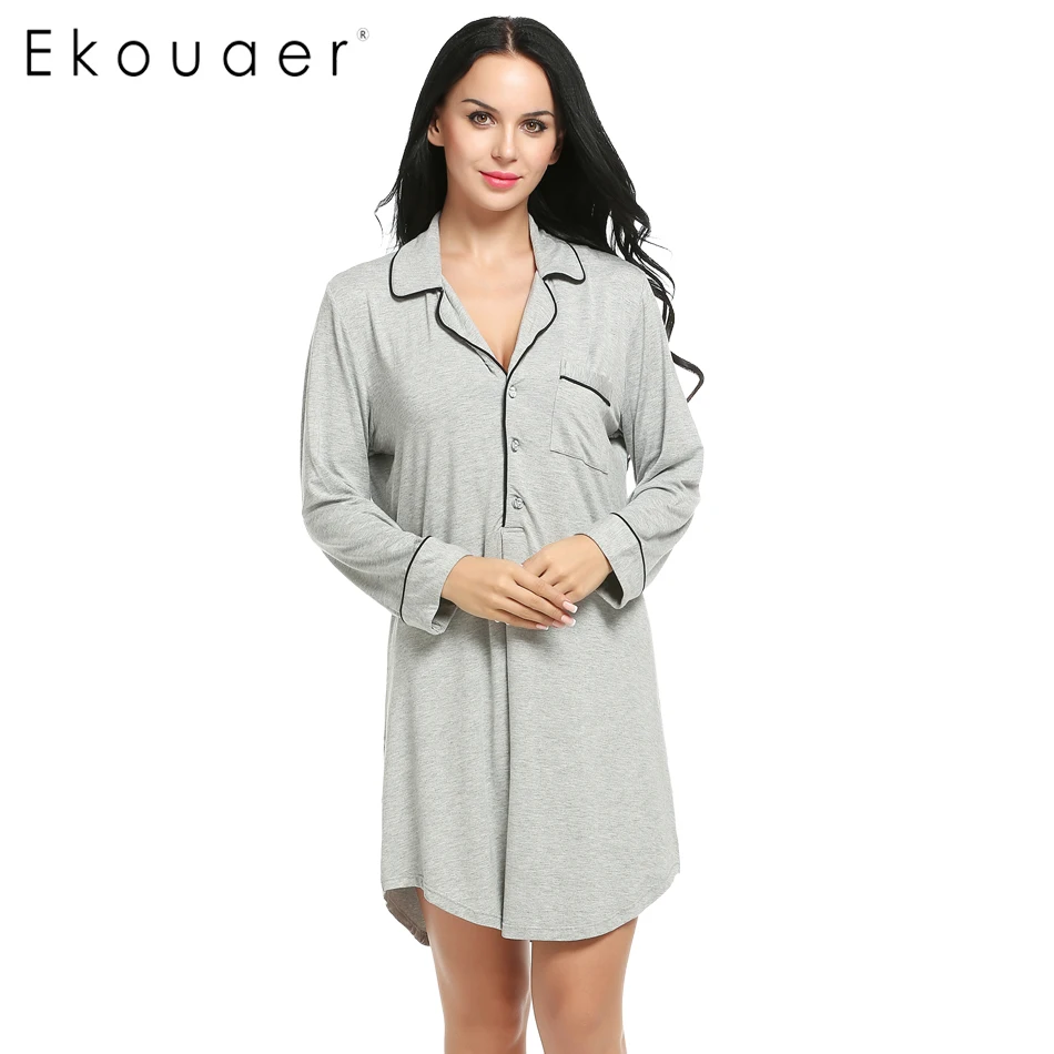 Ekouaer Women Sleepshirt Sexy Nightgowns Turn Down Collar Long Sleeve Polka Dot Solid Lounge Sleep Shirt Sleepwear | Женская одежда