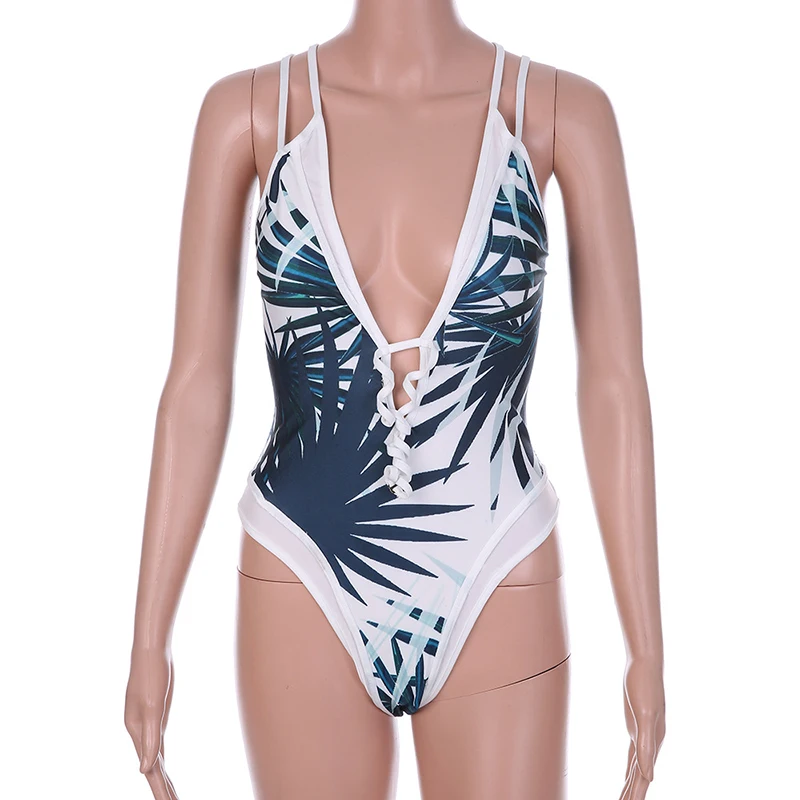 2017 сексуальный слитный купальник с лямкой на шее женский принтом листьев